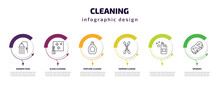 Cleaning Infographic Template With Icons And 6 Step Or Option. Cleaning Icons Such As Shower Head, Glass Cleaning, Perfume Cleanin, Tampon Cleanin, , Sponges Vector. Can Be Used For Banner, Info