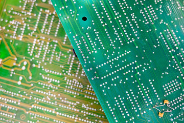 Fototapete - Old computer chips that are out of order. Not working microshops with transistors, chips and conductors. Blue system board with microchips and transistors