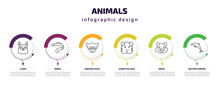 Animals Infographic Template With Icons And 6 Step Or Option. Animals Icons Such As Llama, Moray, Siberian Husky, Guinea Pig Heag, Snigir, Dolphin Jumping Vector. Can Be Used For Banner, Info Graph,