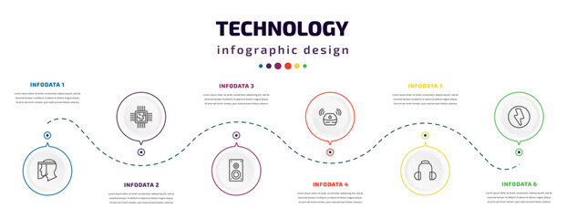 Poster - technology infographic element with icons and 6 step or option. technology icons such as face shield, big chip, sound box, wireless gadget, big headphones, green flash vector. can be used for