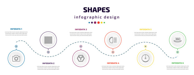 Poster - shapes infographic element with icons and 6 step or option. shapes icons such as foto, dot square, y shaped intersection, high beam, radius of circle, 360 vector. can be used for banner, info graph,