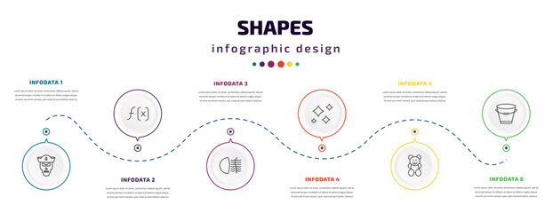 Poster - shapes infographic element with icons and 6 step or option. shapes icons such as sailor skull, funct