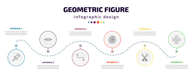 Wall Mural - geometric figure infographic element with icons and 6 step or option. geometric figure icons such as push pin, constraint, line segment, spiral, cut, intersection vector. can be used for banner,