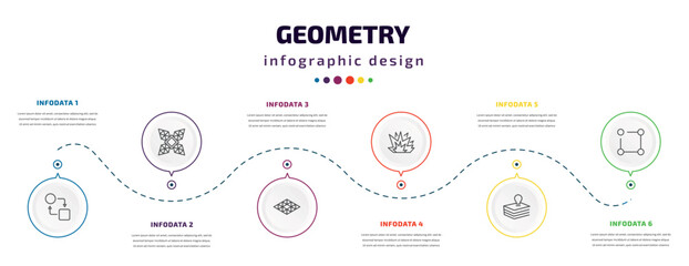 Poster - geometry infographic element with icons and 6 step or option. geometry icons such as transform, polygonal windmill, polygonal rhomb, explode, base, ungroup vector. can be used for banner, info