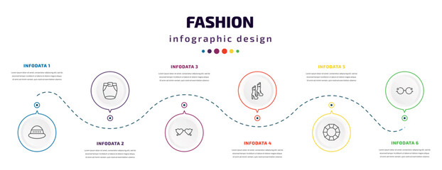 fashion infographic element with icons and 6 step or option. fashion icons such as general helmet, short skirt, heart eyeglasses, woman boots, precious stone, eyewear vector. can be used for banner,