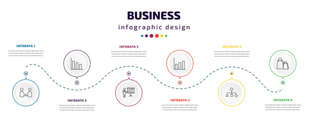Poster - business infographic element with icons and 6 step or option. business icons such as men shaking hands, bars chart, graphic panel and man, graphic chart, hierarchy structure, shopping bags vector.