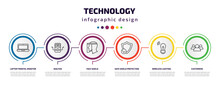 Technology Infographic Template With Icons And 6 Step Or Option. Technology Icons Such As Laptop Frontal Monitor, Dialysis, Face Shield, Safe Shield Protection, Wireless Lighting, Customers Vector.