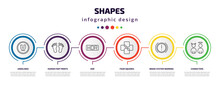 Shapes Infographic Template With Icons And 6 Step Or Option. Shapes Icons Such As Undelined, Human Foot Prints, Hdr, Four Squares, Brake System Warning, Characters Vector. Can Be Used For Banner,