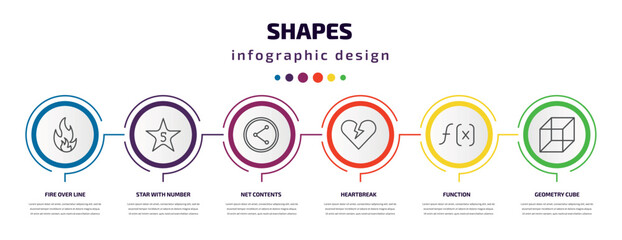 Poster - shapes infographic template with icons and 6 step or option. shapes icons such as fire over line, st