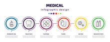 Medical Infographic Template With Icons And 6 Step Or Option. Medical Icons Such As Microscope Tool, Molar Tooth, Plastering, Plasma, Bacteria, Brush With Tooth Paste Vector. Can Be Used For Banner,