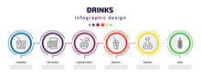 Drinks Infographic Template With Icons And 6 Step Or Option. Drinks Icons Such As Caipirinha, Pint Of Beer, Planter's Punch, Smoothie, Mashing, Grain Vector. Can Be Used For Banner, Info Graph, Web,