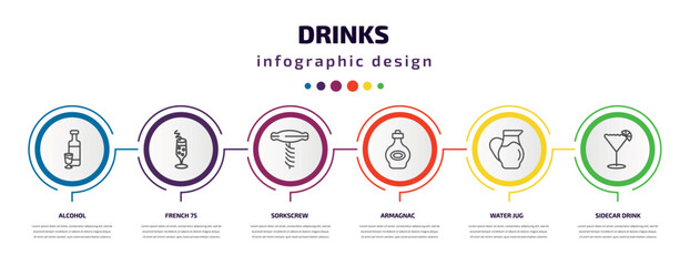 drinks infographic template with icons and 6 step or option. drinks icons such as alcohol, french 75, sorkscrew, armagnac, water jug, sidecar drink vector. can be used for banner, info graph, web,