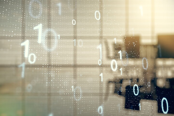 Aufkleber - Abstract virtual binary code sketch on a modern boardroom background, hacking and matrix concept. Multiexposure