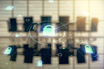 Poster - Virtual creative lock sketch with chip hologram on a modern boardroom background, protection of personal data concept. Multiexposure