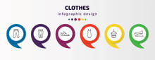 Clothes Infographic Template With Icons And 6 Step Or Option. Clothes Icons Such As Sweatpants, Pegged Pants, Shoes, Cocktail Dress, Scarf On Hanger, Ballets Flats Vector. Can Be Used For Banner,