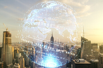 Poster - Multi exposure of abstract programming language hologram and world map on Manhattan office buildings background, artificial intelligence and neural networks concept
