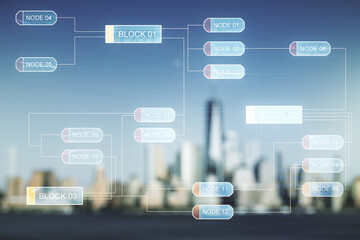 Poster - Abstract virtual coding illustration on blurry skyscrapers background, software development concept. Multiexposure