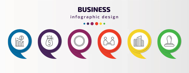 Poster - business infographic template with icons and 6 step or option. business icons such as deficit, money sack, full circle, men shaking hands, corporation, rubber stamp vector. can be used for banner,