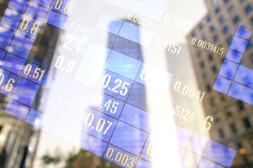 Poster - Multi exposure of creative statistics data hologram on modern skyscrapers background, stats and analytics concept