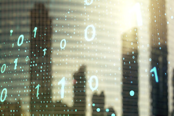 Aufkleber - Abstract virtual binary code sketch on blurry cityscape background, hacking and matrix concept. Multiexposure