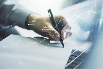 Aufkleber - Double exposure of abstract creative statistics data hologram with hand writing in notebook on background with laptop, statistics and analytics concept