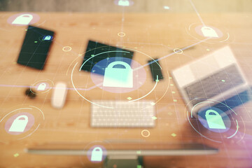 Aufkleber - Creative lock sketch with chip hologram on modern laptop background, protection of personal data concept. Multiexposure