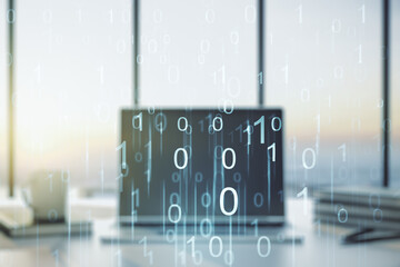 Poster - Double exposure of creative abstract binary code hologram on laptop background. Database and programming concept