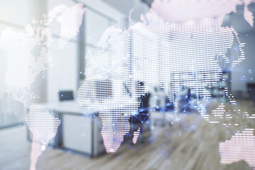 Poster - Abstract creative world map interface on a modern furnished office background, international trading concept. Multiexposure