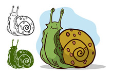Cartoon Cute Smiling Green Snail In Shell. Vector Icon Isolated On White Background.
