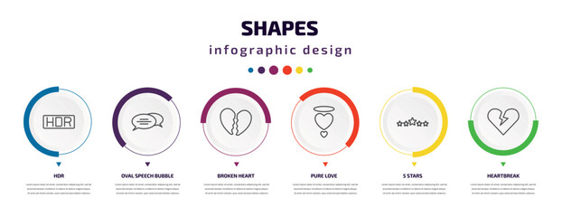 Poster - shapes infographic element with icons and 6 step or option. shapes icons such as hdr, oval speech bubble, broken heart, pure love, 5 stars, heartbreak vector. can be used for banner, info graph,