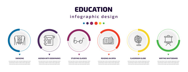 Aufkleber - education infographic element with icons and 6 step or option. education icons such as swinging, age