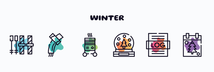 Poster - winter outline icons set. thin line icons such as ski equiptment, winter scarf, electric heater, snow globe, logs, christmas day icon collection. can be used web and mobile.