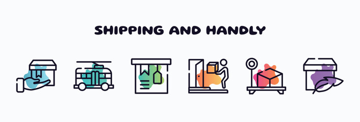 Poster - shipping and handly outline icons set. thin line icons such as delivering, trolleybuses, tagged package, on door delivery, box weight, light weight icon collection. can be used web and mobile.