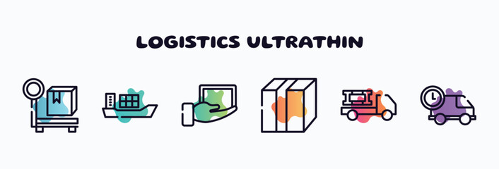 Poster - logistics ultrathin outline icons set. thin line icons such as parcel weight, cargo boat, lightweight, closed cardboard box with packing tape, materials logistics, logistics times icon collection.