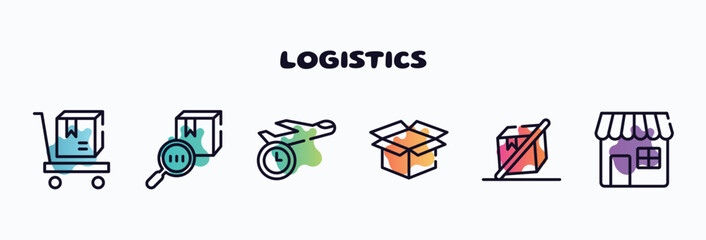 Poster - logistics outline icons set. thin line icons such as delivery cart, trackcode, shipping by plane, delivery package opened, do not tilt, retail store icon collection. can be used web and mobile.