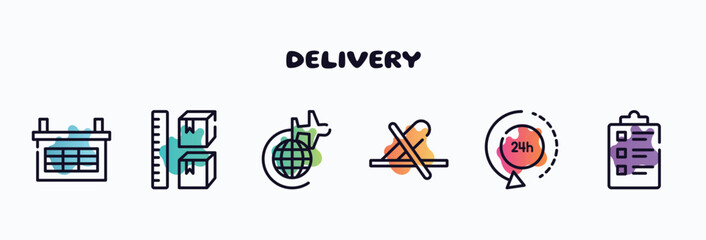 Poster - delivery outline icons set. thin line icons such as organizing grid, storage capacity, airplane around earth, do not use cutter, 24 hours delivery, packing list icon collection. can be used web and