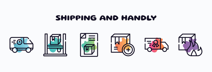 Poster - shipping and handly outline icons set. thin line icons such as food logistics, asrs, dispatch note, add package, charter, flammable box icon collection. can be used web and mobile.