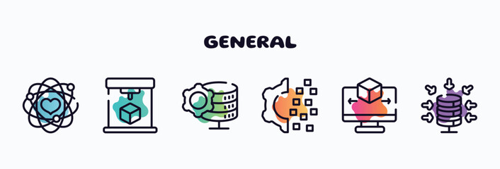 Poster - general outline icons set. thin line icons such as core values, 3d printing, data engineering, digital transformation, 3d modeling, data aggregation icon collection. can be used web and mobile.