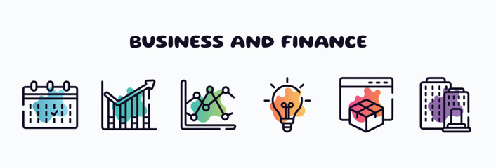 Wall Mural - business and finance outline icons set. thin line icons such as calendar event, profit chart, two, lightbulb black tool shape, web package, federal bank icon collection. can be used web and mobile.