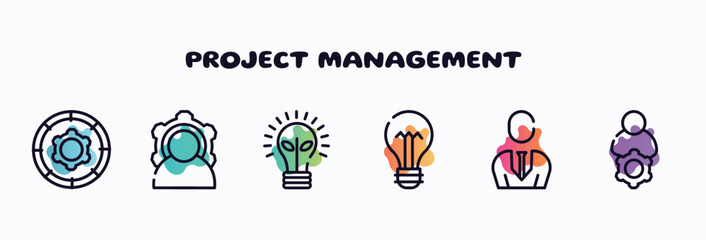 Canvas Print - project management outline icons set. thin line icons such as function, power, ecological lightbulb, lightbulb with bolt, businessman with tie, administrator icon collection. can be used web and