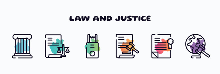 Poster - law and justice outline icons set. thin line icons such as roman law, corporative law, electroshock weapon, documents, policy, diploy icon collection. can be used web and mobile.