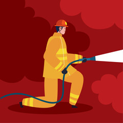 Poster - firefighter kneeling with hose