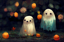 Cute Small White Ghosts In Sppoky Black Autumn Halloween Forest, Neural Network Generated Art. Digitally Generated Image. Not Based On Any Actual Scene Or Pattern.