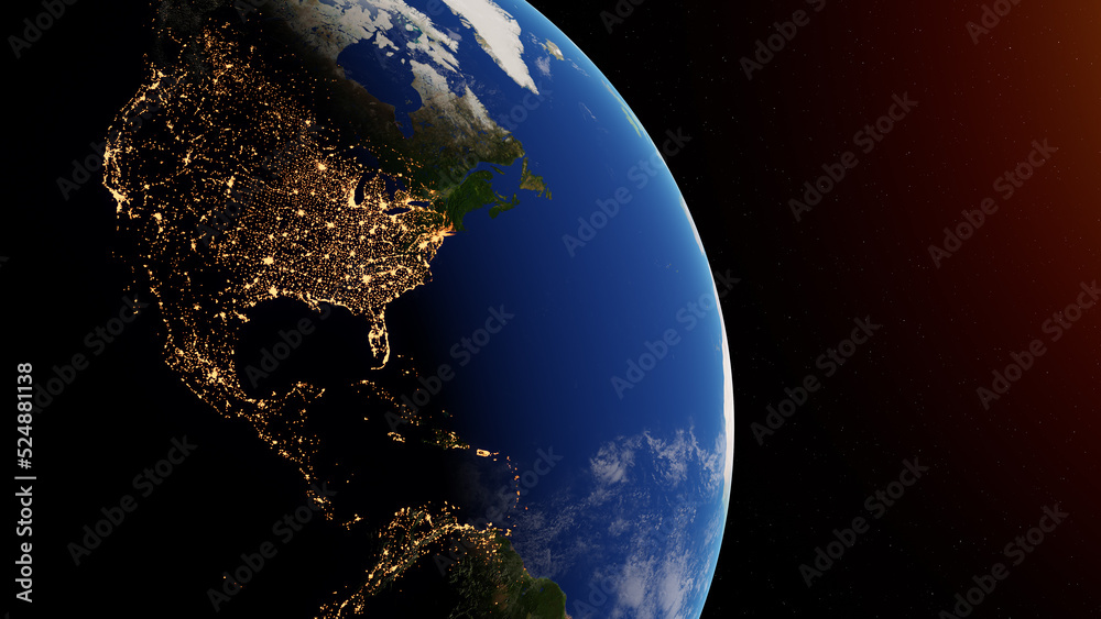 Day and night on Earth planet viewed from space showing the lights of ...