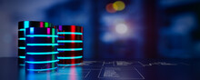 Panoramic View Of Multiple Database Is Placed On Relational Database Tables With Server Room  Background. Concept Of Database Server, SQL, Data Storage, Data Center, Webhosting. 3D Illustration.