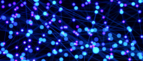 Poster - Abstract futuristic connecting dots and lines on dark blue background. Digital technology concept. Big data visualization. Digital dynamic wave of particles. 3D illustration.