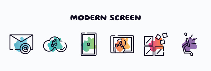 Poster - modern screen outline icons set. thin line icons such as email envelope, music on cloud, grip, cellphone in a hand, registry, screen flat side view icon collection. can be used web and mobile.