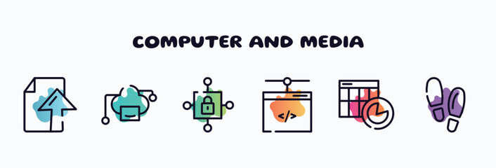 Poster - computer and media outline icons set. thin line icons such as ftp upload, cloud computing servers, locked internet security padlock, network administration, spreadsheet chart, footsteps icon