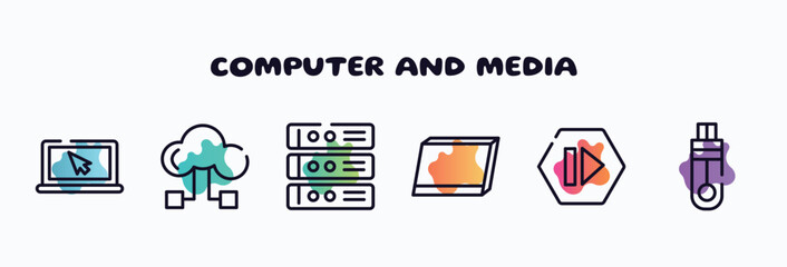 Poster - computer and media outline icons set. thin line icons such as screen with cursor arrow, hosting download, rack servers, tablet screen in perspective, forward media step, memory stick icon