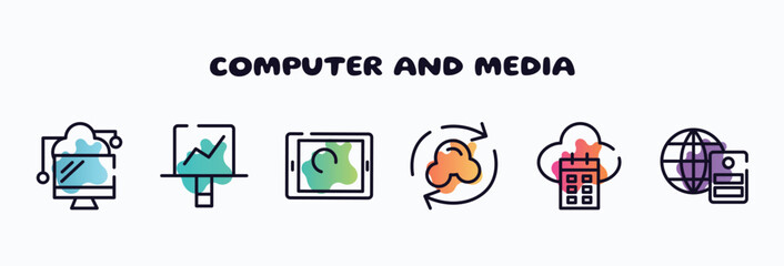 Poster - computer and media outline icons set. thin line icons such as data transference by internet, screen canvas, touch screen, synchronize with internet, calendar on cloud, server with the earth icon